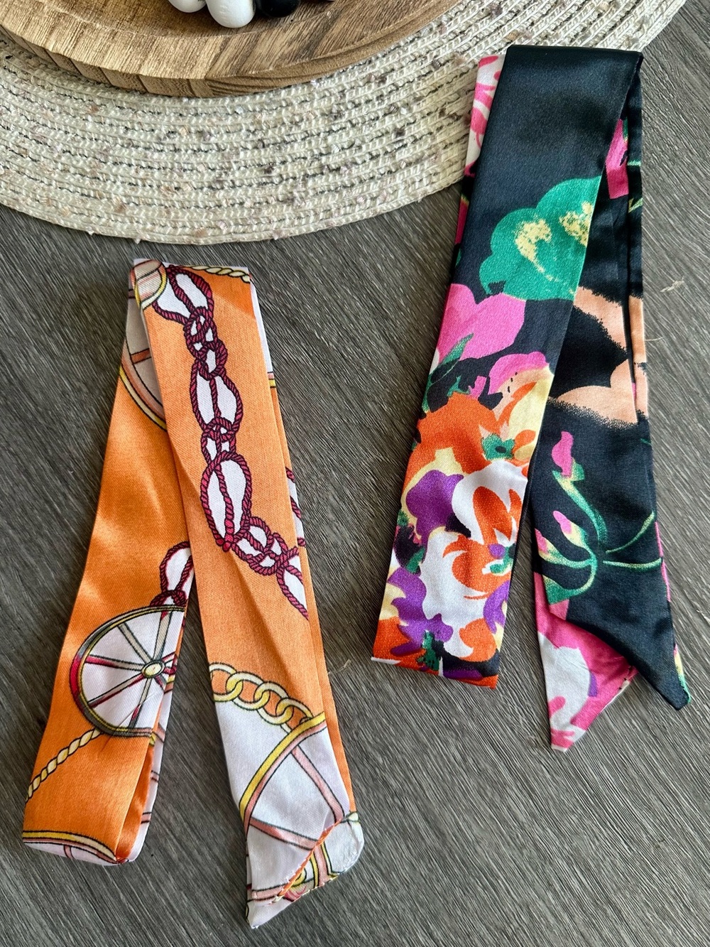 Twilly Scarf Set of 2 Black Floral & Orange Chains/Wheel NWT